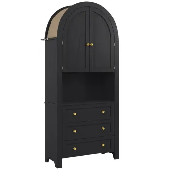 Dulap de depozitare inalt cu arc, cu 3 sertare, usi si compartiment deschis pentru expunere, pentru bucatarie si living, 70x35x180 cm, Negru imagine
