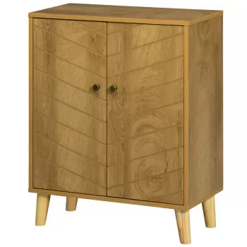 Dulap de depozitare vintage HOMCOM cu usi chevron duble si picioare din lemn de pin, dulap lateral pentru living, bucatarie, dormitor, efect de lemn natural imagine