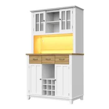 Dulap inalt pentru bucatarie cu iluminare LED, Culoare naturala+Alb | Aosom Romania imagine