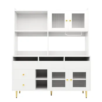 Dulap inalt pentru sufragerie, cu usi cu geam perforat, decor auriu si spatiu mare de depozitare pe mai multe niveluri, 145x39x171 cm, Alb imagine