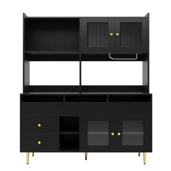 Dulap inalt pentru sufragerie, cu usi cu geam perforat, decor auriu si spatiu mare de depozitare pe mai multe niveluri, 145x39x171 cm, Negru imagine