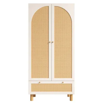 Dulap pentru haine cu 2 usi, front din ratan, sertar mare, rafturi reglabile pe inaltime si bara pentru haine, 180x85x52 cm, Alb imagine