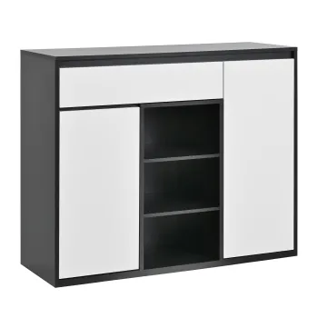 Dulap pentru pantofi cu 2 usi si 1 sertar, cu iluminare LED si raft reglabil pentru incaltaminte, 105x39,5x86 cm, Negru+Alb imagine