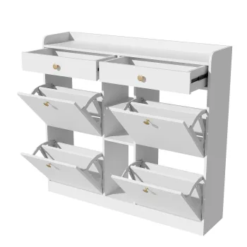 Dulap pentru pantofi cu 4 usi rabatabile, 2 sertare si 3 compartimente deschise, 110x26x100 cm, Alb imagine
