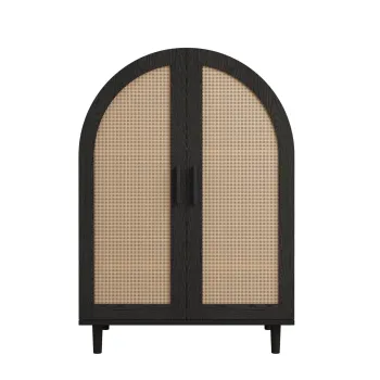 Dulap pentru pantofi cu exterior rotunjit, usi din ratan decupate si 3 rafturi, 70x40x100 cm, Culoare naturala+Negru imagine