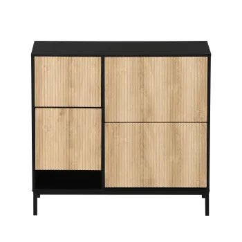 Dulap pentru pantofi cu taburet pentru schimbarea pantofilor, 3 compartimente cu suprafete de depozitare, 100x25x100 cm, Negru+Culoare naturala imagine