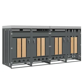 Dulap pentru pubele cu 4 compartimente, jardiniere integrate si usi incuiabile, 264x80x124,5 cm, Gri+Culoare naturala imagine