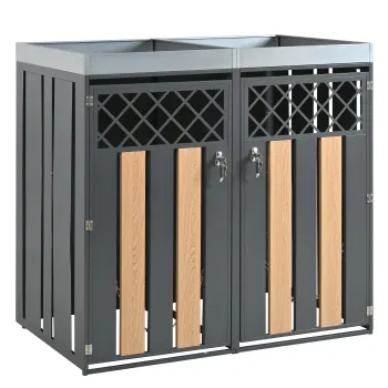 Dulap pentru pubele cu jardiniera, cutie pentru pubele, 2 piese, cu inchidere cu lacat, 132x80x124,5 cm, Gri+Culoare naturala imagine