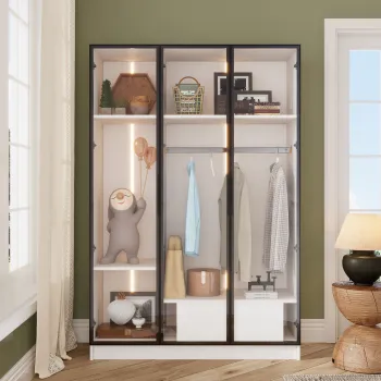 Dulap Spatios cu 3 Usi din Sticla, 1 Sertar si 1 Bara pentru Umerase, Iluminare LED Integrata, 110x50x160 cm, Alb imagine