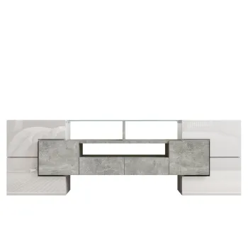 Dulap TV cu iluminare LED, suprafete din sticla, cu 6 usi, 2 sertare si 3 compartimente, 145x30x51 cm, Alb+Gri imagine