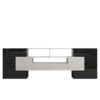 Dulap TV cu iluminare LED, suprafete din sticla, cu 6 usi, 2 sertare si 3 compartimente, 145x30x51 cm, Alb+Negru imagine