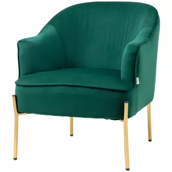 Fotoliu dormitor din material textil cu efect catifea HOMCOM cu picioare din otel auriu, 62x69x75 cm, verde imagine