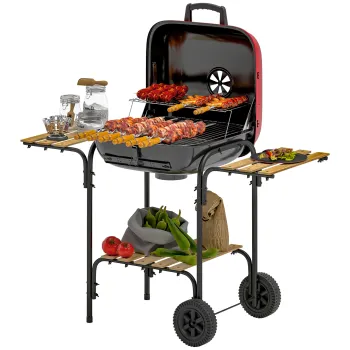 Gratar Outsunny portabil cu roti, rosu | Aosom Romania imagine