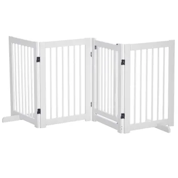 Grila pentru caini PawHut cu picioare de sustinere 204 x 75 cm din lemn, Grila de protectie pentru caini cu usi pentru scari, usi, bucatarie, hol, 4 panouri, Alb | Aosom Romania imagine