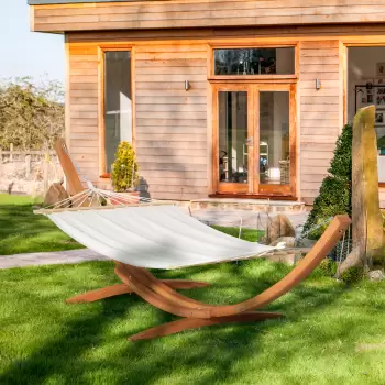 Hamac Outsunny cu Suport din Lemn si Bumbac, Hamac de Gradina pentru alte Spatii Exterioare, 392x120x102cm, Alb imagine