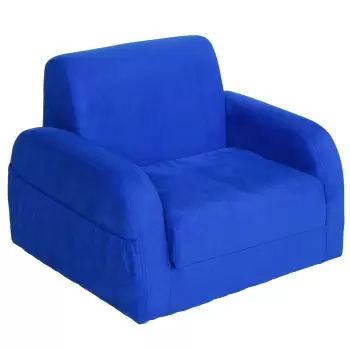 HOMCOM 2 in 1 Fotoliu pentru copii 3-6 ani captusit moale cu buzunar pliabil pentru odihna din lemn spuma flanel albastru imagine