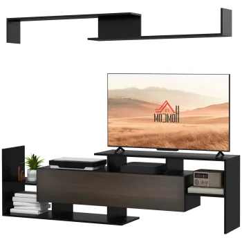 HOMCOM Ansamblu mobilier TV cu banc si raft de perete stil contemporan 153,6L cm - negru | Aosom Romania imagine