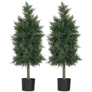 HOMCOM Arbori Topiari de Cedru Artificial, Set de 2, Plante Artificiale in Ghivece, Plante Decorative Verzi pentru Casa, Birou, Interior, Exterior, Camera de zi, 38x12.5x90 cm, Verde imagine