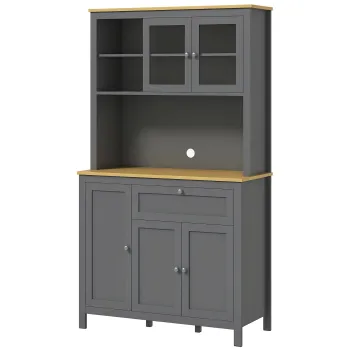 HOMCOM Armarie de bucatarie bufet de bucatarie 5 usi dintre care 2 usi din sticla si 1 sertar, 1 nisa centrala - inaltime 180 cm gri | Aosom Romania imagine