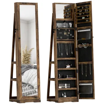 HOMCOM Armoire de Bijuterii pivotanta, blocabila, cu oglinda - Dulap Bijuterii Multi-Depozitare - Brun Rustic | Aosom Romania imagine