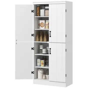 HOMCOM Armoire de cuisine buffet de salle a manger cu 4 usi 6 rafturi de depozitare stil modern 76 x 40 x 177 cm alb | Aosom Romania imagine