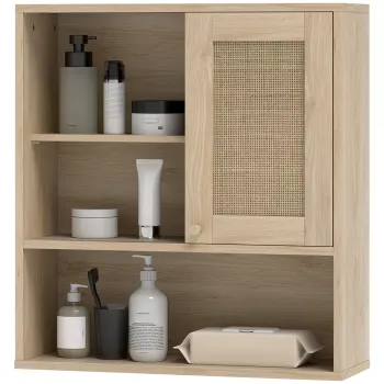 HOMCOM Armoire murale, mobilier suspensie baie cu usa glisanta din rachita si rafturi deschise, lemn natural | Aosom Romania imagine