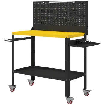 HOMCOM Banc de lucru cu panou perforat Masa de lucru cu prize Lumina LED Roti Cadru metalic Negru si Galben | Aosom Romania imagine