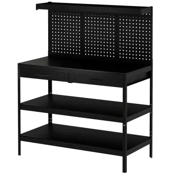 HOMCOM Banc de lucru cu rafturi reglabile, statie de lucru robusta cu panou perforat si 2 sertare, 122 x 61 x 156 cm, Negru | Aosom Romania imagine