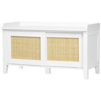 HOMCOM Banc de pantofi mobilier de depozitare cu usa glisanta si fatade din rachita impletita 80 x 35 x 45 cm alb | Aosom Romania imagine
