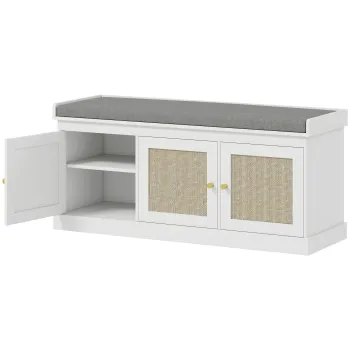 HOMCOM Banc pentru incaltaminte intrare 9 perechi, banc de depozitare, 3 usi din ratan, perna si raft reglabil, 105x35x47cm, alb | Aosom Romania imagine