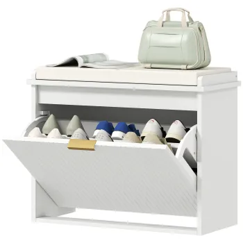 HOMCOM Banc pentru pantofi cu perna sezut captusit si sertar rabatabil pentru hol, camera, 62 x 26 x 47,5 cm, alb | Aosom Romania imagine