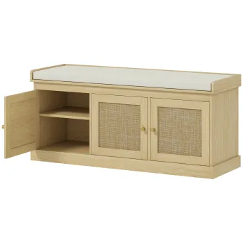 HOMCOM Banc pentru pantofi intrare 9 perechi, banc de depozitare, 3 usi din ratan, perna si raft reglabil, 105x35x47cm, stejar | Aosom Romania imagine