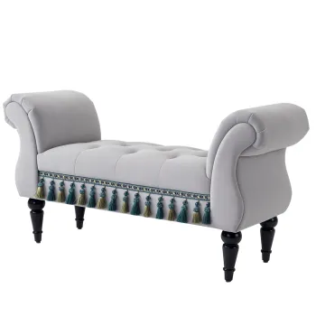 HOMCOM Banca Banca capitonata Catifea Scaun cu brate Lemn masiv de hevea Gri 40P x 117L x 58H cm | Aosom Romania imagine