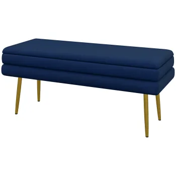 HOMCOM Banca banca cutie de depozitare 2 in 1 scaun aspect catifelat si picioare de otel - 100 x 37,5 x 42 cm bleu si aurit | Aosom Romania imagine