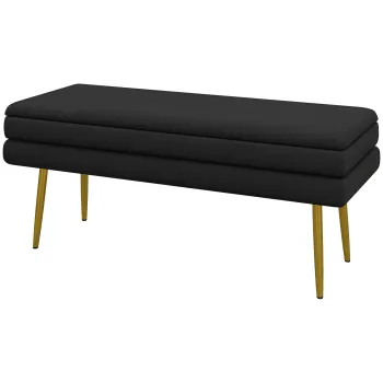 HOMCOM Banca bancuta cutie de depozitare 2 in 1 cu sezut din catifea si picioare de otel - 100 x 37,5 x 42 cm, negru si auriu | Aosom Romania imagine