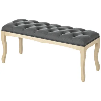 HOMCOM Banca capitonata stil clasic 110 cm, capat de pat tapitat cu in, picioare din lemn de hevea sculptat, Lin Gri | Aosom Romania imagine