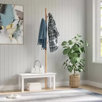 Homcom Banca cu  Cuier in Bambu, Culoare Alb si Lemn, 80x30x180cm imagine