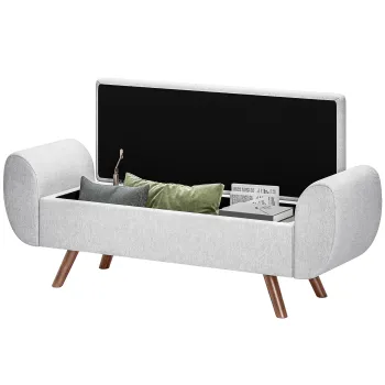 HOMCOM Banca cu Spatiu de Depozitare cu Cotiere din Tesatura si Lemn 132x42x50 cm Gri | Aosom Romania imagine