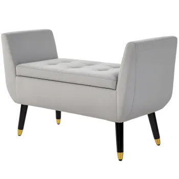 HOMCOM Banca cu stocare si brate, Truhenbank, poliester catifelat, lemn de cauciuc, Hellgrau, 107 x 42 x 65 cm | Aosom Romania imagine