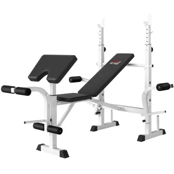 HOMCOM Banca cu Suport pentru Haltere, Presa pentru Piept, Presa pentru Picioare, Suport pentru Brate pentru Flexii Biceps, Otel, negru+alb | Aosom Romania imagine