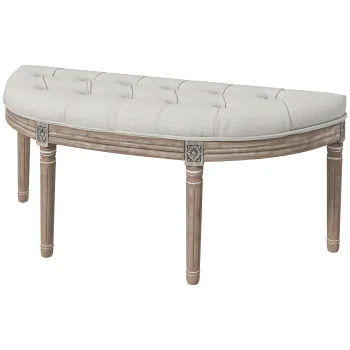 HOMCOM, Banca de capat de pat in forma de semiluna, structura din lemn masiv sculptat, sezut din material cu aspect crem | Aosom Romania imagine