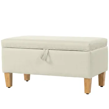 HOMCOM Banca de depozitare, capat de pat, taburet tapitat cu aspect de in cu picioare din lemn de cauciuc, 71x37x36cm, bej | Aosom Romania imagine