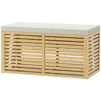 HOMCOM Banca de depozitare, cufar tapitat din material cu aspect de in, capac si structura din bambus, gri si lemn natural | Aosom Romania imagine
