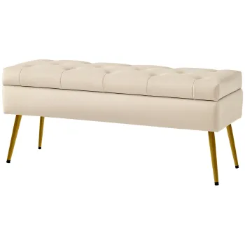HOMCOM Banca de depozitare in aspect de catifea, Hocker captusit cu design captusit, Cadru metalic, 102 x 35 x 43 cm, Bej | Aosom Romania imagine