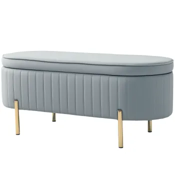 HOMCOM Banca de Depozitare pentru Intrare Ovala 72L cu Design Scanalat, Capac Ridicabil si Sezut Capitonat, Banca de la Capatul Patului Pouf in Catifea si Picioare de Lemn de Pin, 108x44x43.5 cm, Gri | Aosom Romania imagine