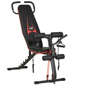 HOMCOM Banca de haltere reglabila cu benzi elastice pentru antrenamente acasa, 6 trepte spatar inclinat, suport pana la 150 kg, otel, piele ecologica, Negru si Rosu, 145 x 49 x 48-127 cm | Aosom Romania imagine