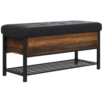 HOMCOM Banca de Pantofi cu Capac Rabatabil, Bancheta Tapitata pentru Intrare cu Compartiment Ascuns si Raft Inferior pentru Hol, Maro Rustic imagine