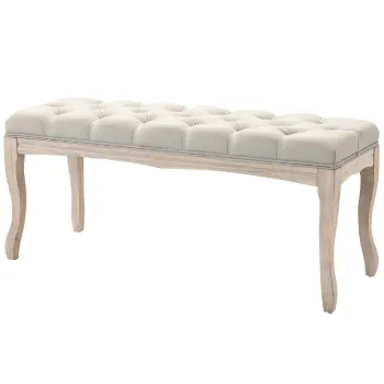 HOMCOM Banca de Pat Vintage cu Butoni, Banca Capitonata cu Picioare din Lemn, 110x40x48 cm, Bej | Aosom Romania imagine