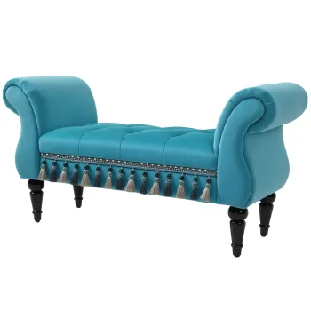 HOMCOM Banca de sezut tapitata, aspect catifelat, banca de pat de lux cu picioare din lemn, banca de hol pentru dormitor, capacitate de incarcare pana la 150 kg, Albastru, 117 x 40 x 58 cm | Aosom Romania imagine