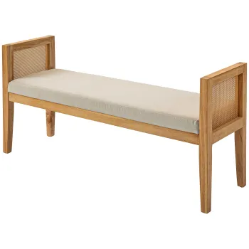 HOMCOM Banca Moderna pentru Capatul Patului cu Perne Groase, Cotiere din Ratan si Cadru din Lemn Masiv, 120x38x61.5 cm, Crem imagine